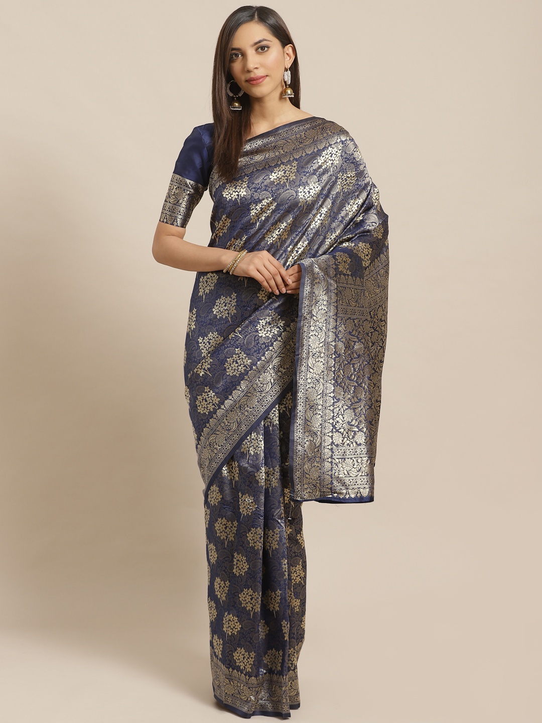 

SALWAR STUDIO Navy Blue & Golden Zari Woven Design Banarasi Saree