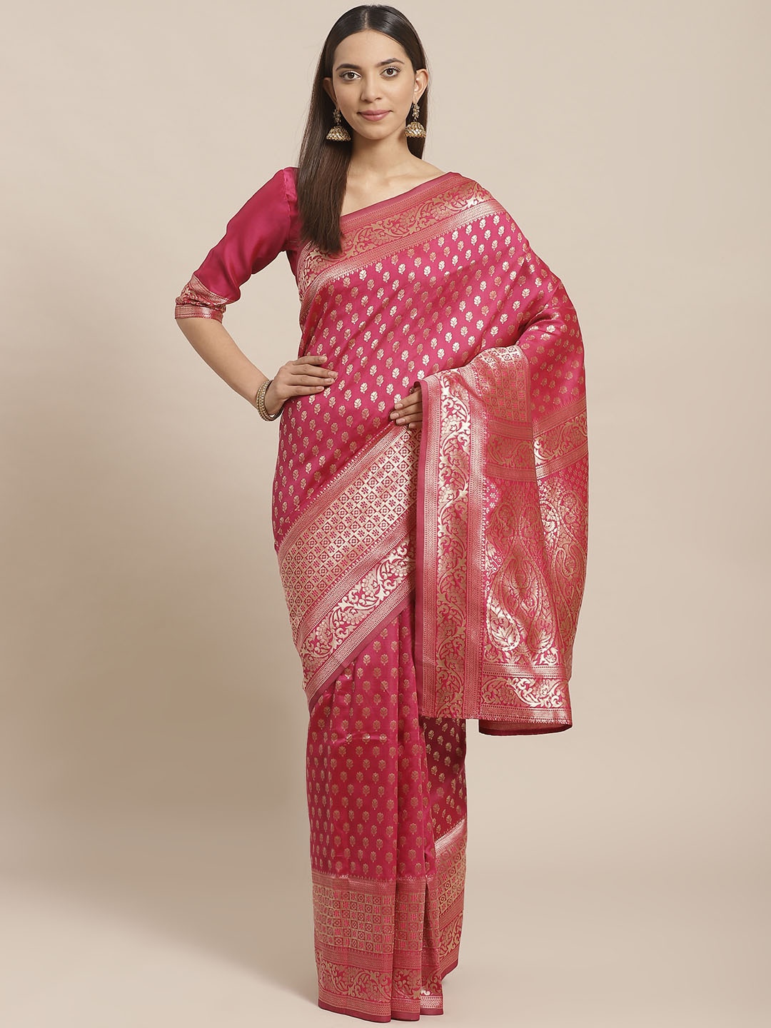

SALWAR STUDIO Pink & Golden Zari Woven Design Banarasi Saree