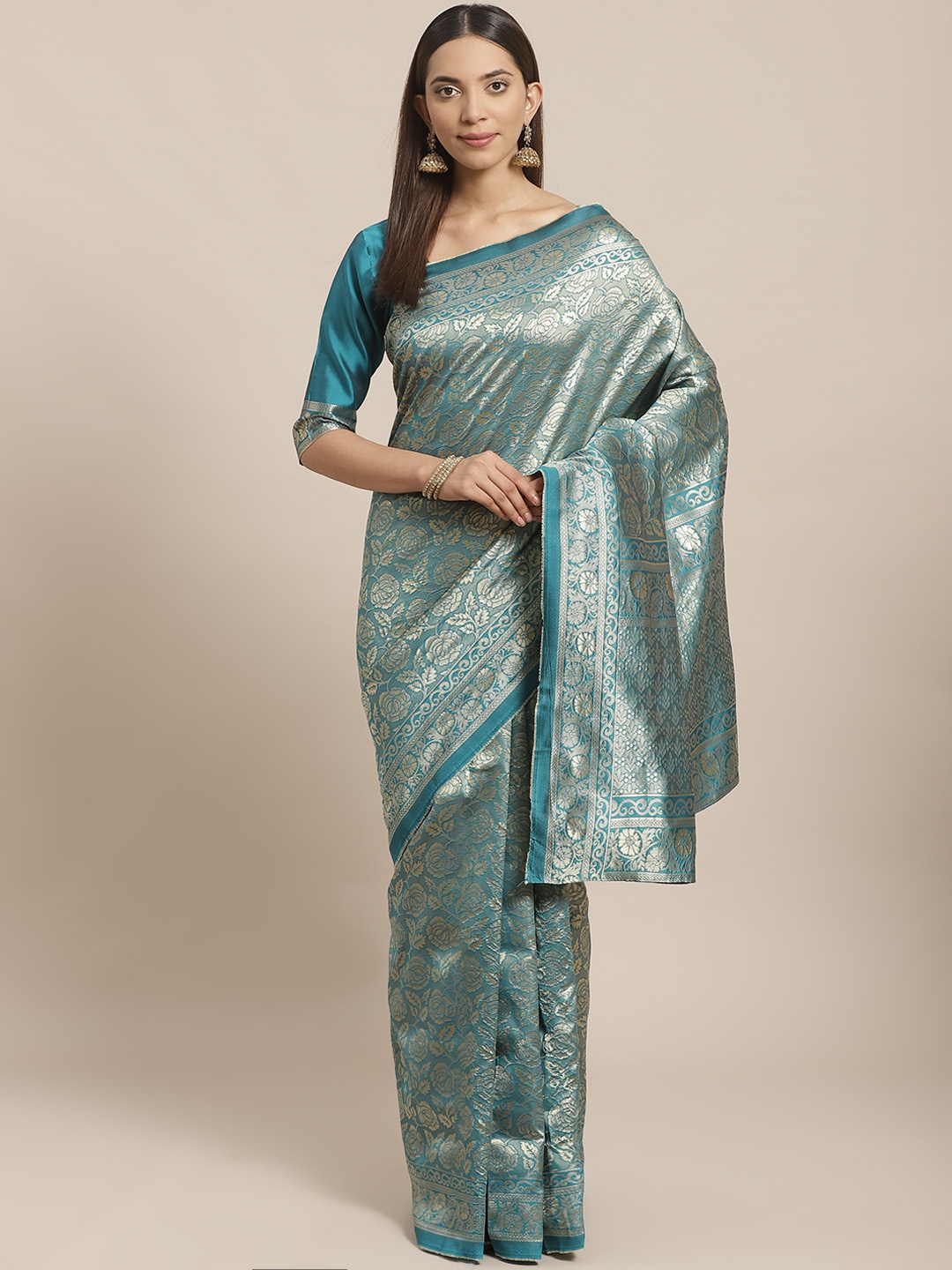 

SALWAR STUDIO Teal Blue & Golden Zari Woven Design Banarasi Saree