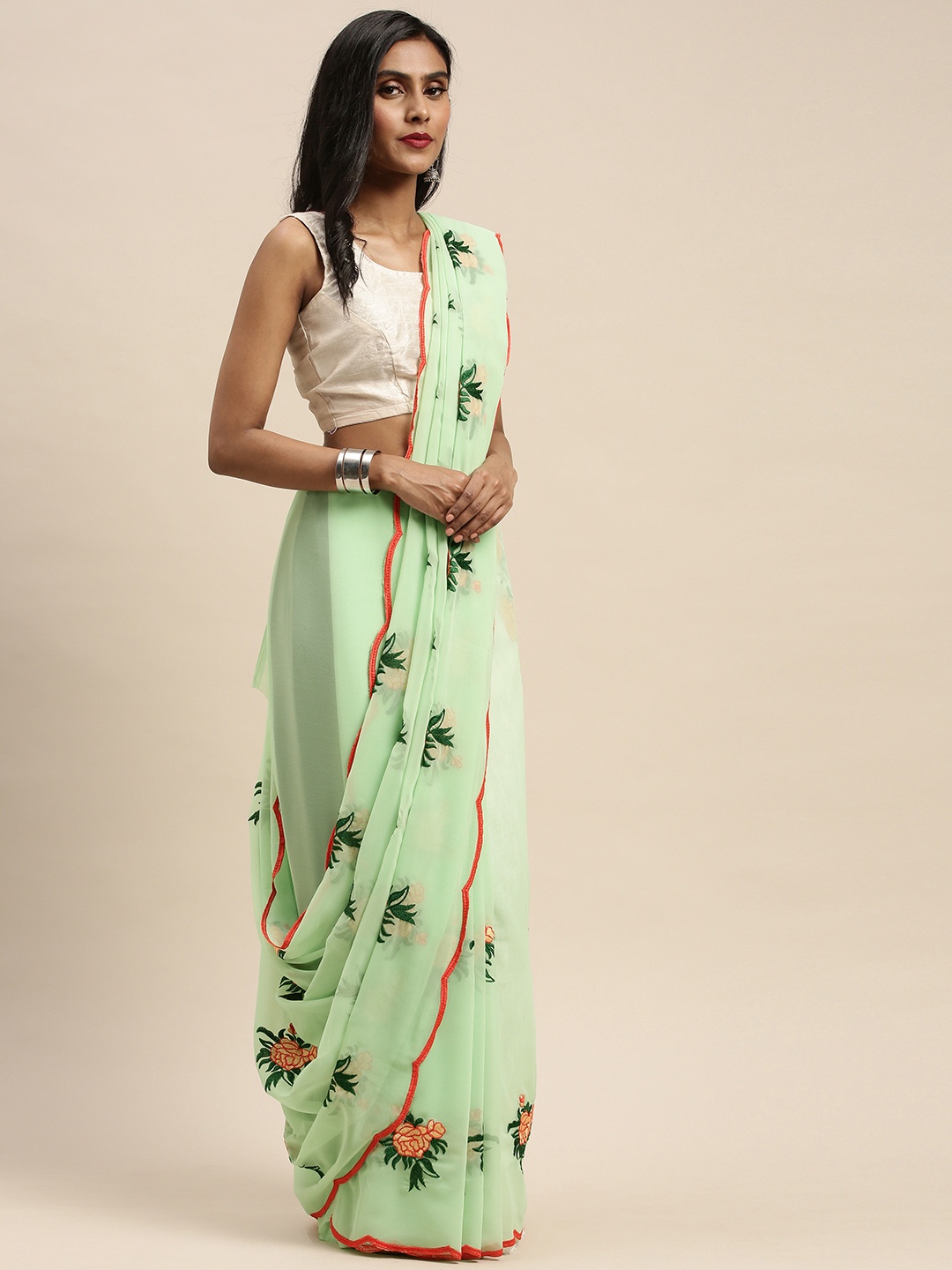

Mitera Green & Gold-Toned Pure Georgette Embroidered Saree