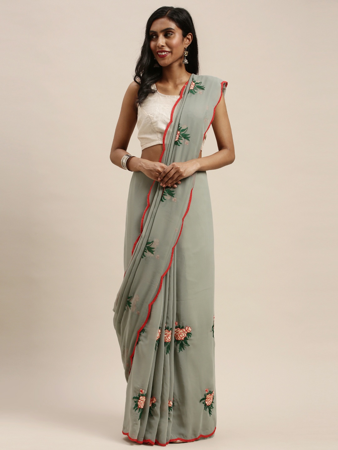 

Mitera Grey & Gold-Toned Pure Georgette Embroidered Saree