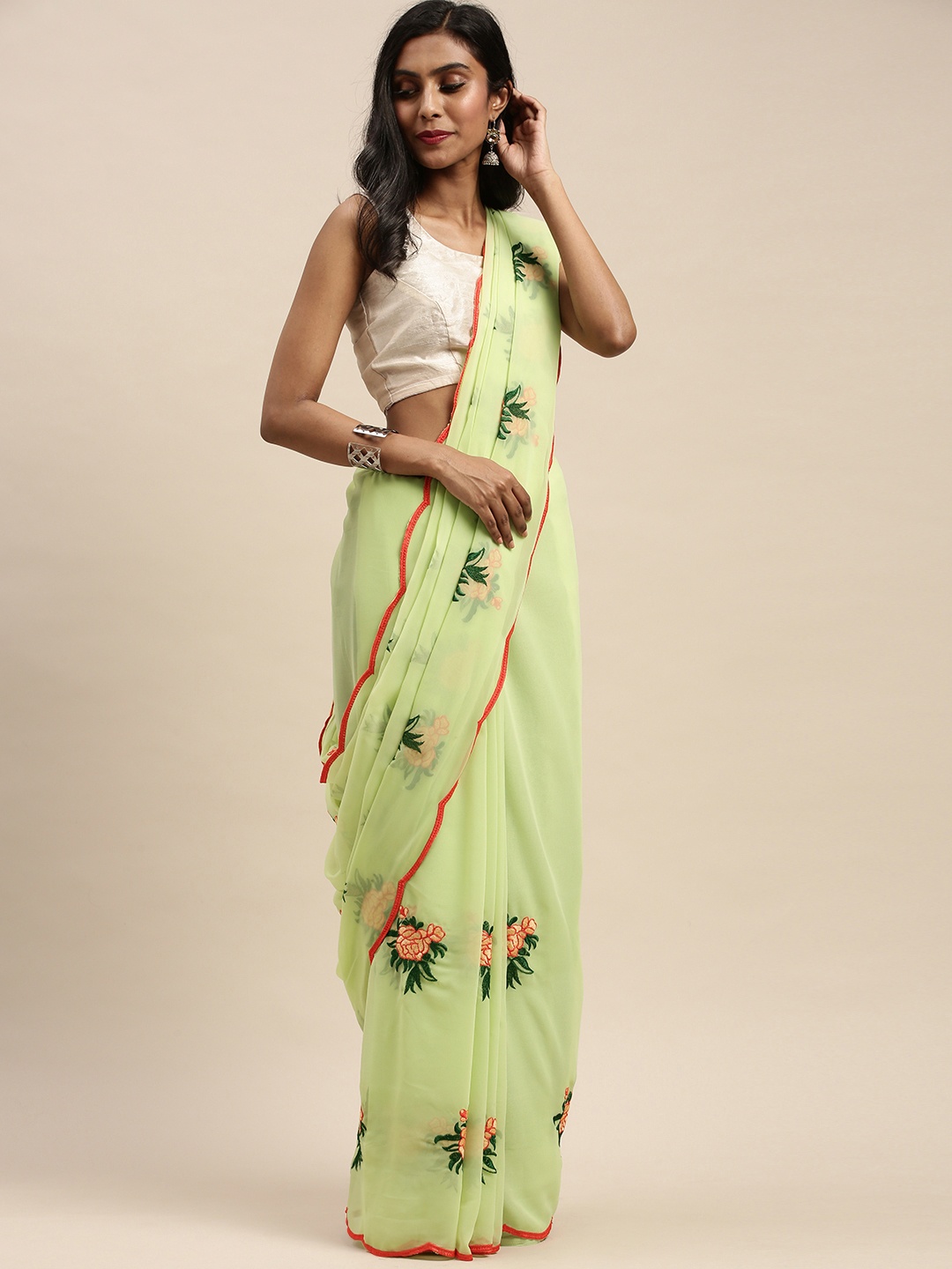 

Mitera Green & Gold-Toned Pure Georgette Embroidered Saree