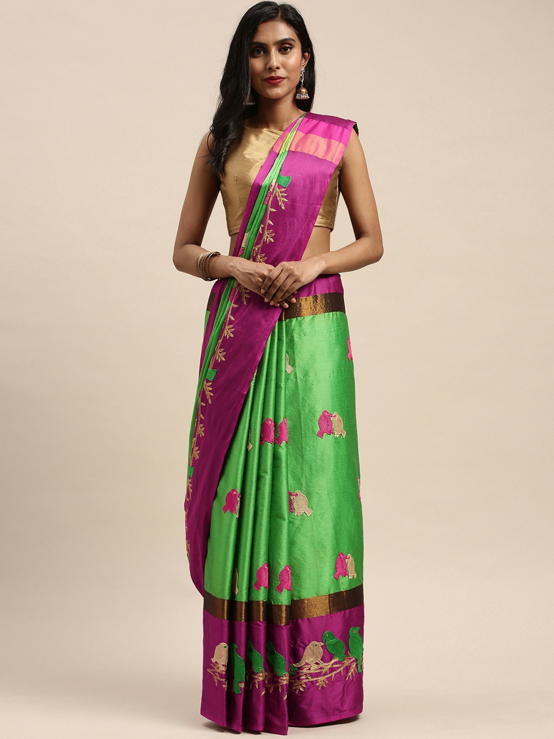 

Mitera Green & Pink Silk Cotton Embroidered Saree