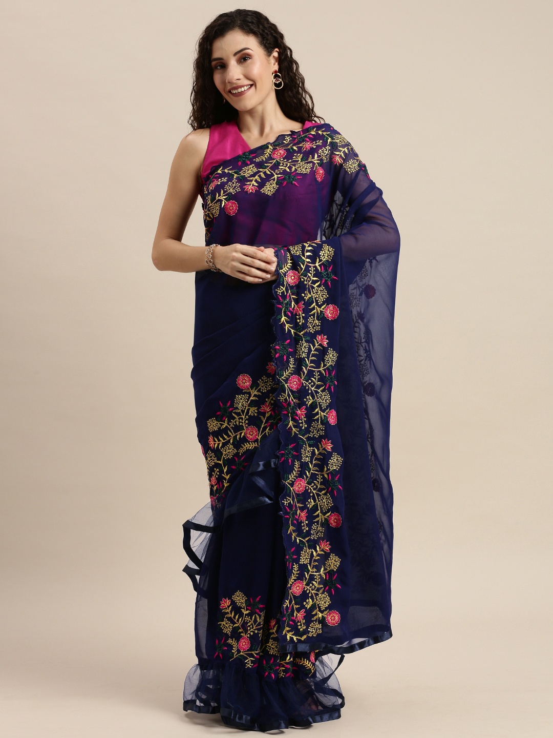 

Mitera Navy Blue & Pink Poly Georgette Solid Ruffled Embroidered Border Saree