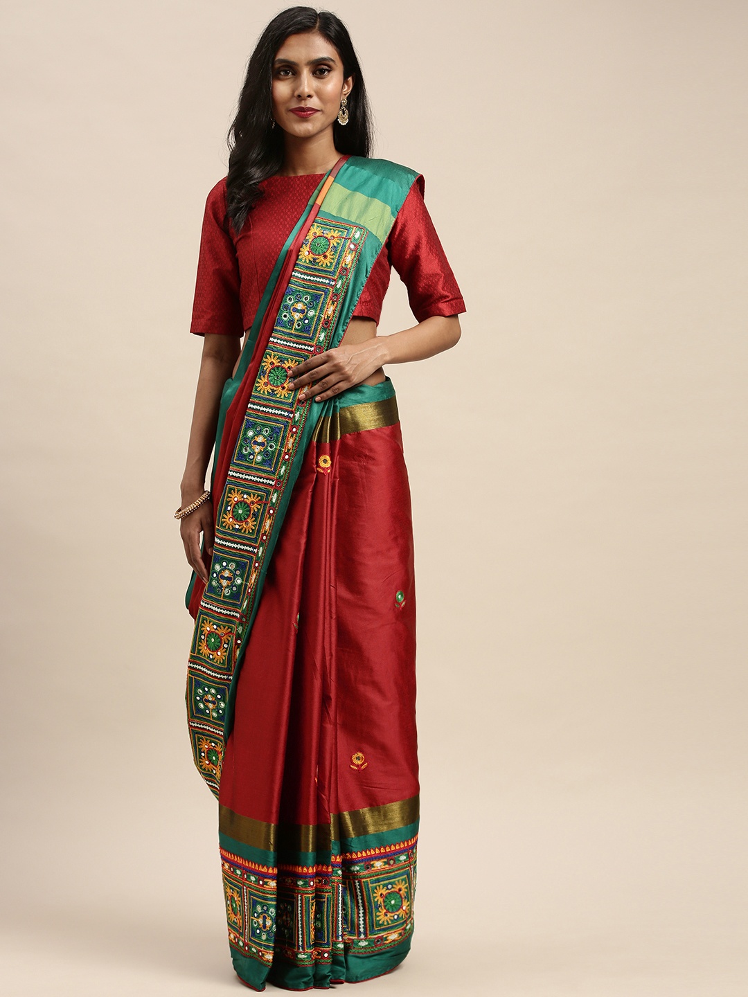 

Mitera Red & Green Silk Cotton Kutchi Embroidered Saree