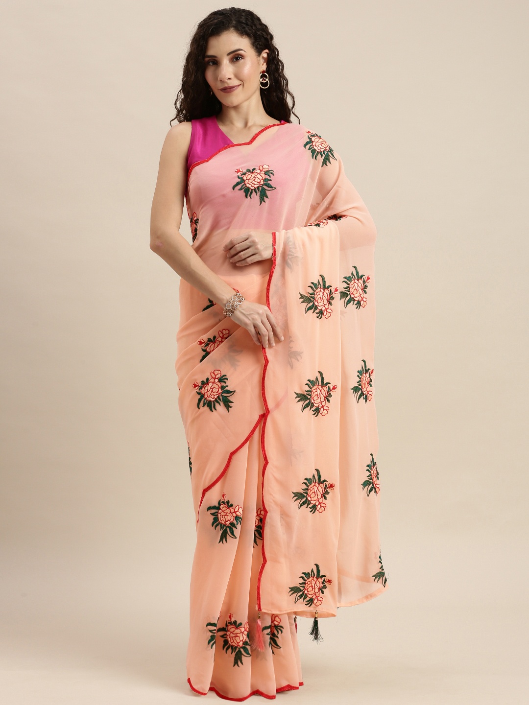 

Mitera Peach-Coloured & Green Pure Georgette Floral Embroidered Saree