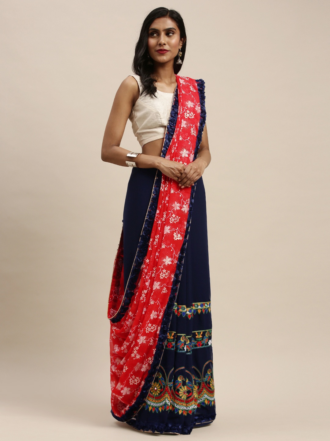 

Mitera Navy Blue & Red Poly Georgette Embroidered Saree