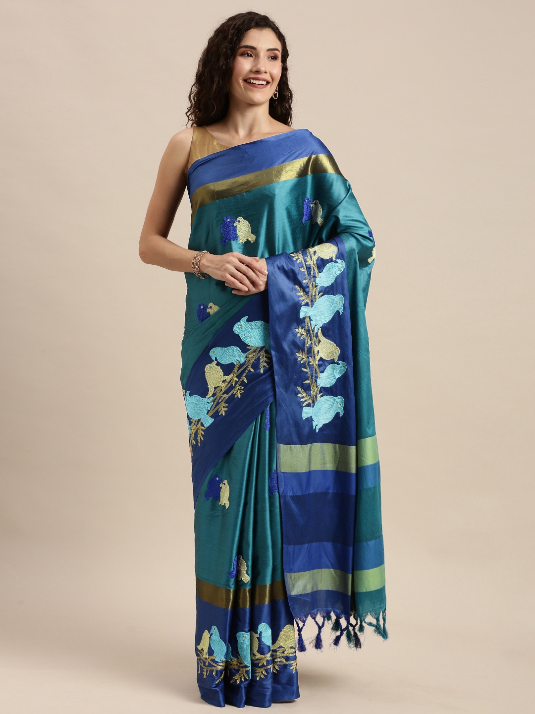 

Mitera Blue & Gold-Toned Silk Cotton Embroidered Saree