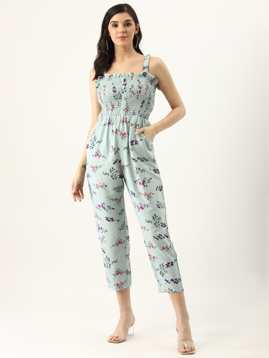 

U&F Women Sea Green & Purple Smoked Bodice Floral Print Basic Jumpsuit