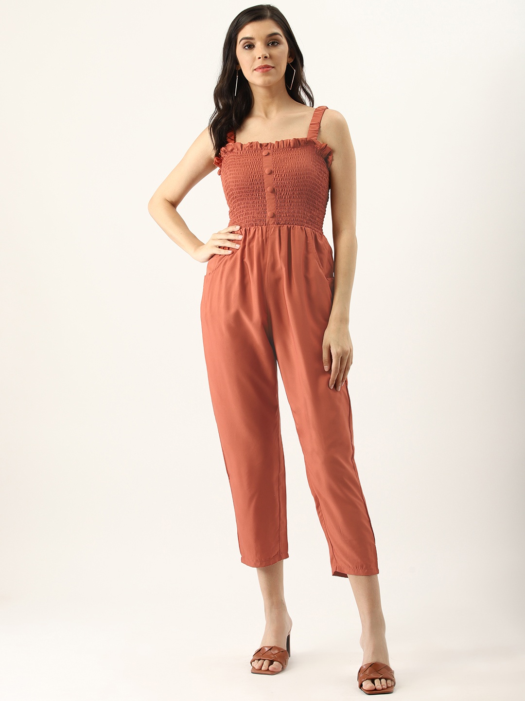 

U&F Women Rust Orange Smoked Bodice Solid Basic Jumpsuit