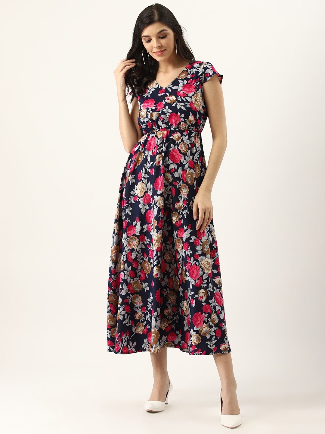 

U&F Women Navy Blue & Pink Floral Print Maxi Dress