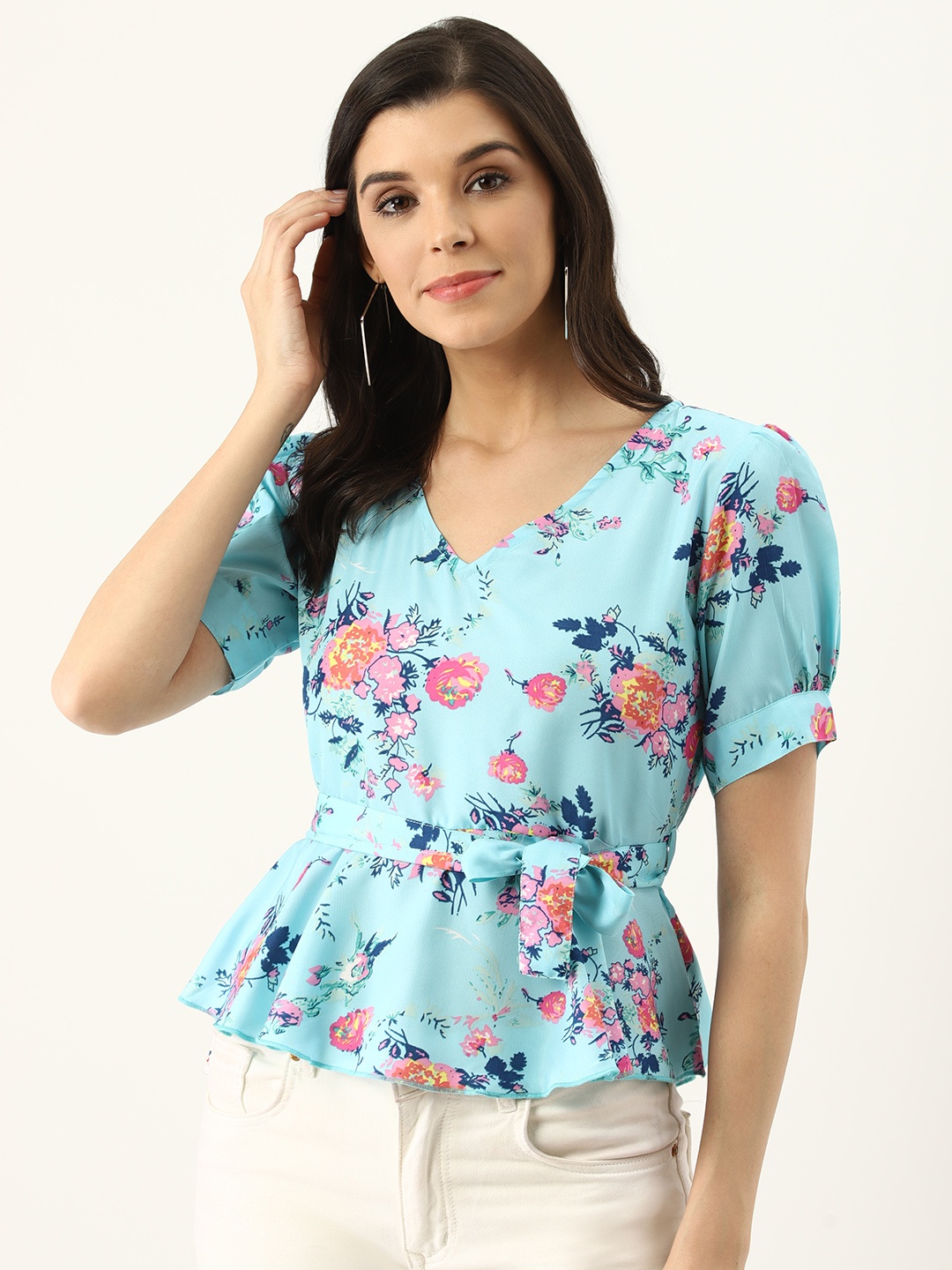 

U&F Women Blue & Pink Floral Print A-Line Top