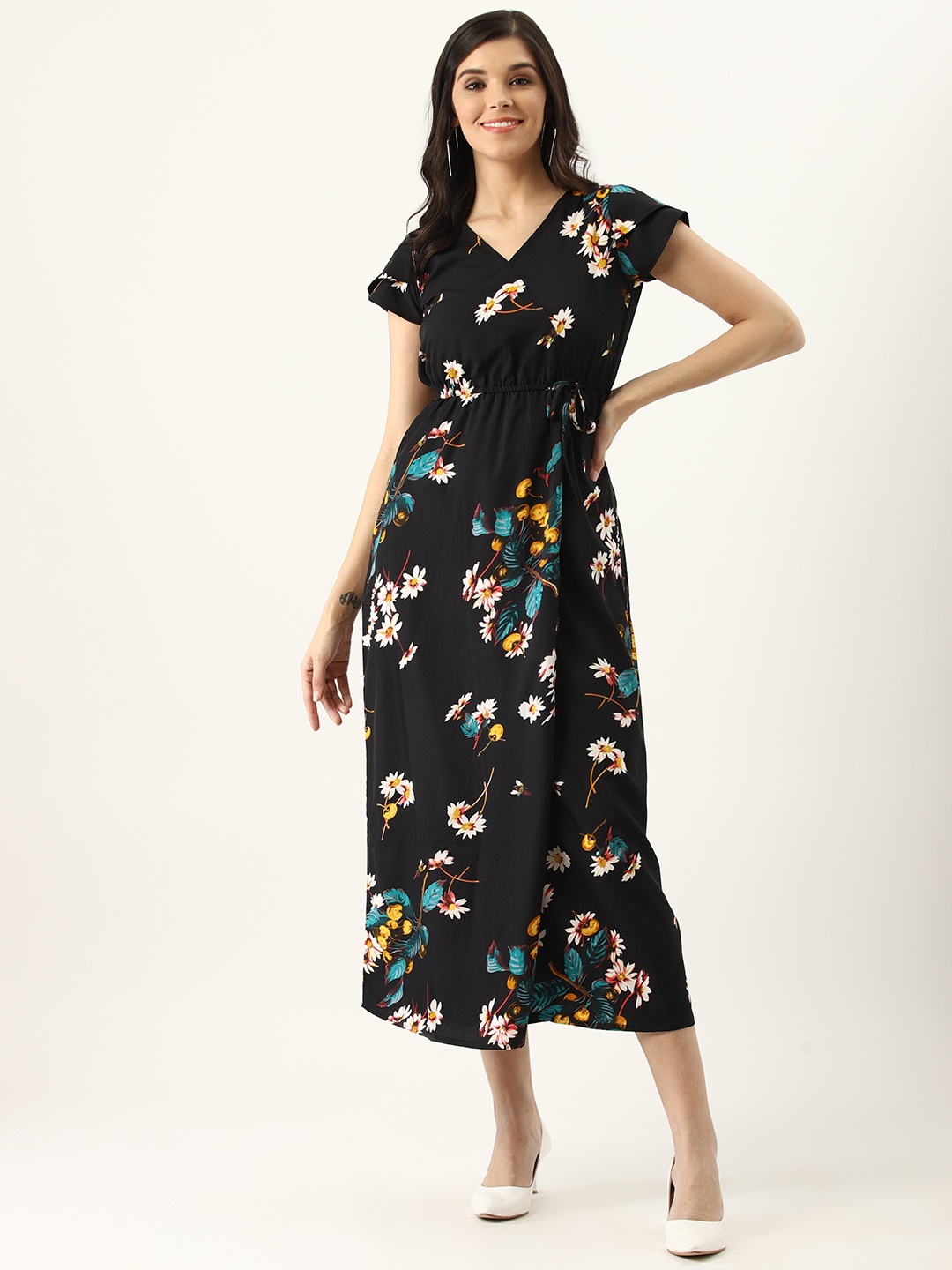

U&F Women Black & White Floral Print Wrap Dress