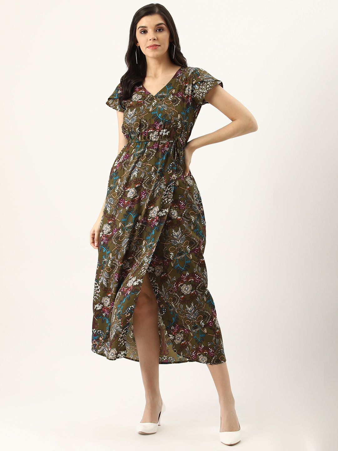 

U&F Women Olive Green & Beige Printed Wrap Dress