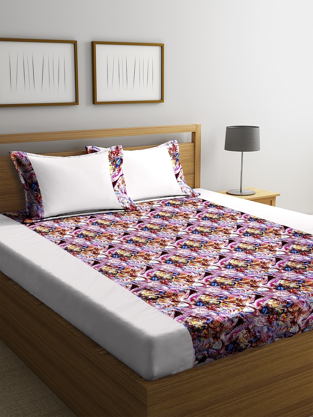 

DECOREALM Pink & Blue Abstract 300 TC Poly Satin 1 King Bedsheet with 2 Pillow Covers
