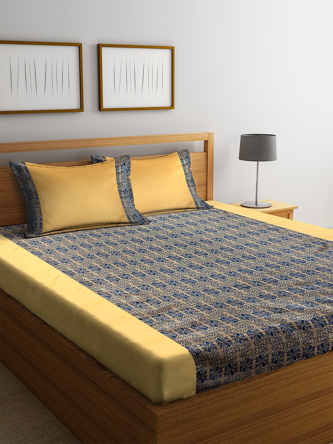 

DECOREALM Blue & Yellow Ethnic Motifs 300 TC Poly Satin 1 King Bedsheet with 2 Pillow Covers