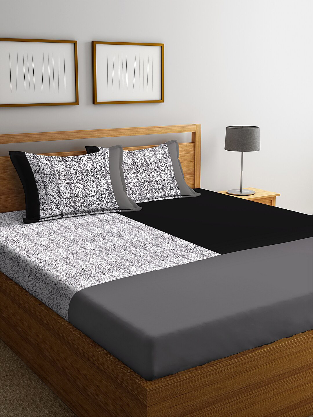 

DECOREALM Black & White Floral 300 TC Poly Satin 1 Queen Bedsheet with 2 Pillow Covers