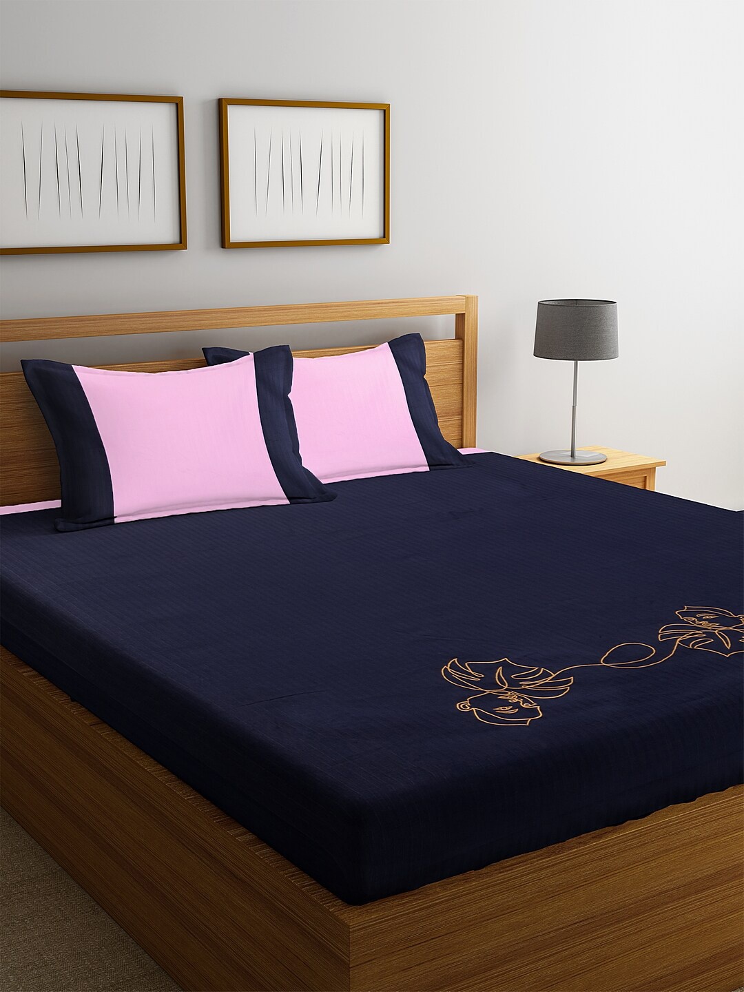 

DECOREALM Pink & Navy Blue Solid 300 TC Cotton 1 Queen Bedsheet with 2 Pillow Covers