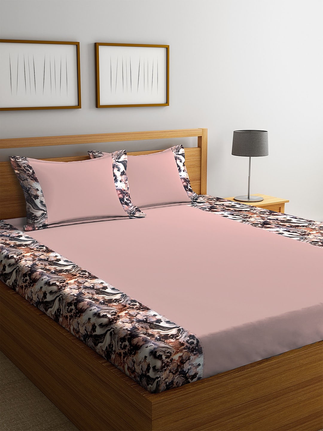 

DECOREALM Pink & Black Abstract 300 TC Poly Satin 1 Queen Bedsheet with 2 Pillow Covers