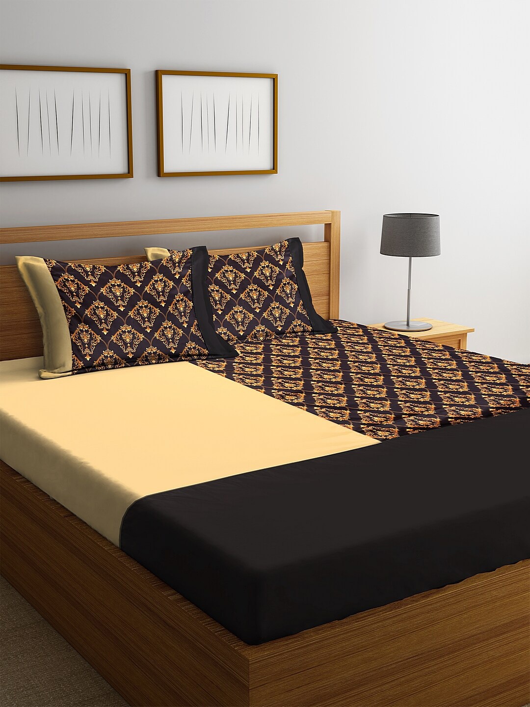 

DECOREALM Beige & Black Ethnic Motifs 300 TC Poly Satin 1 Queen Bedsheet with 2 Pillow Covers