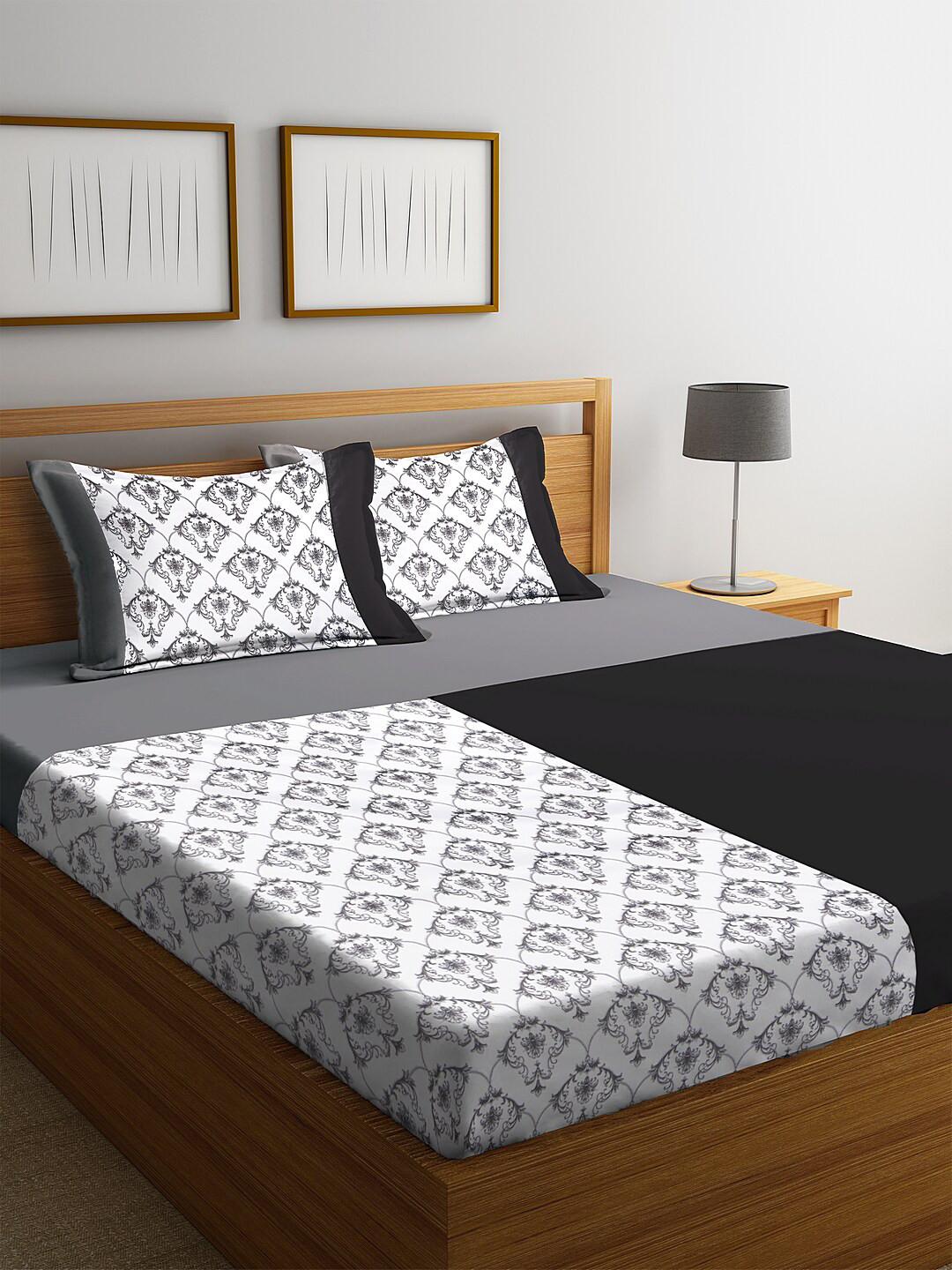 

DECOREALM Black & White Ethnic Motifs 300 TC Poly Satin 1 Single Bedsheet with 2 Pillow Covers