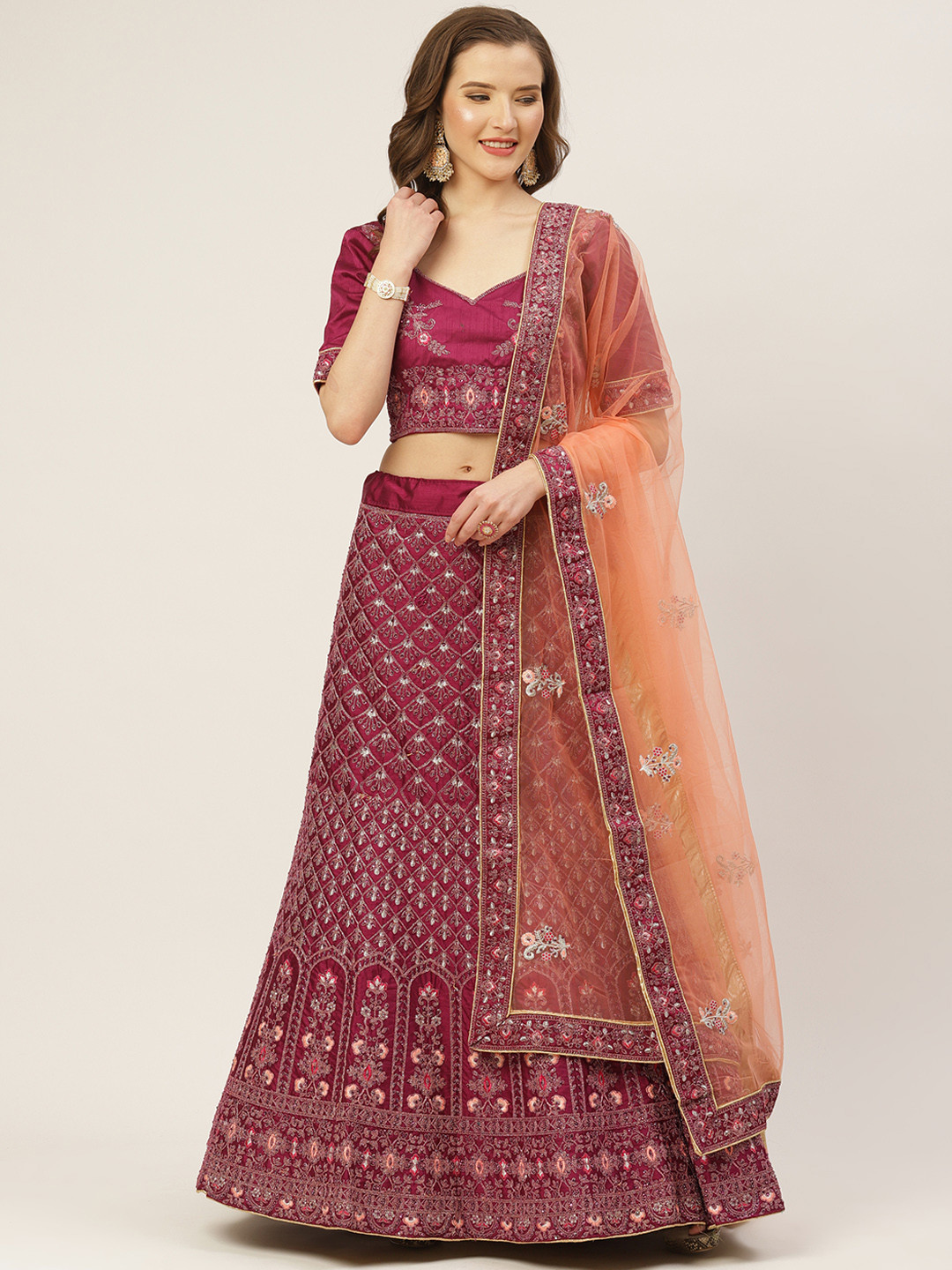 

Shaily Burgundy Embroidered Semi-Stitched Lehenga & Unstitched Blouse with Dupatta, Maroon
