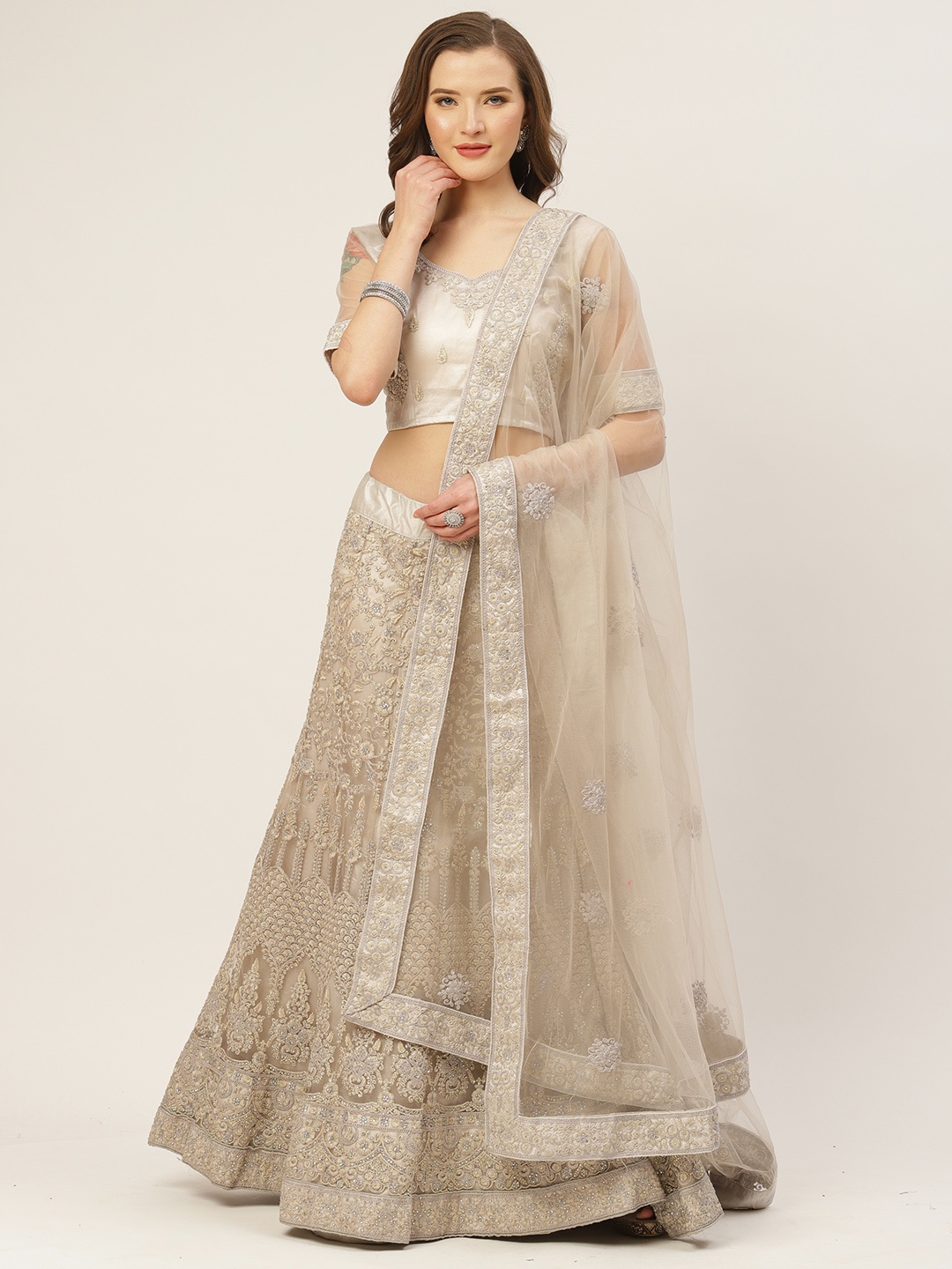 

Shaily Light Grey Embroidered Semi-Stitched Lehenga & Unstitched Blouse with Dupatta