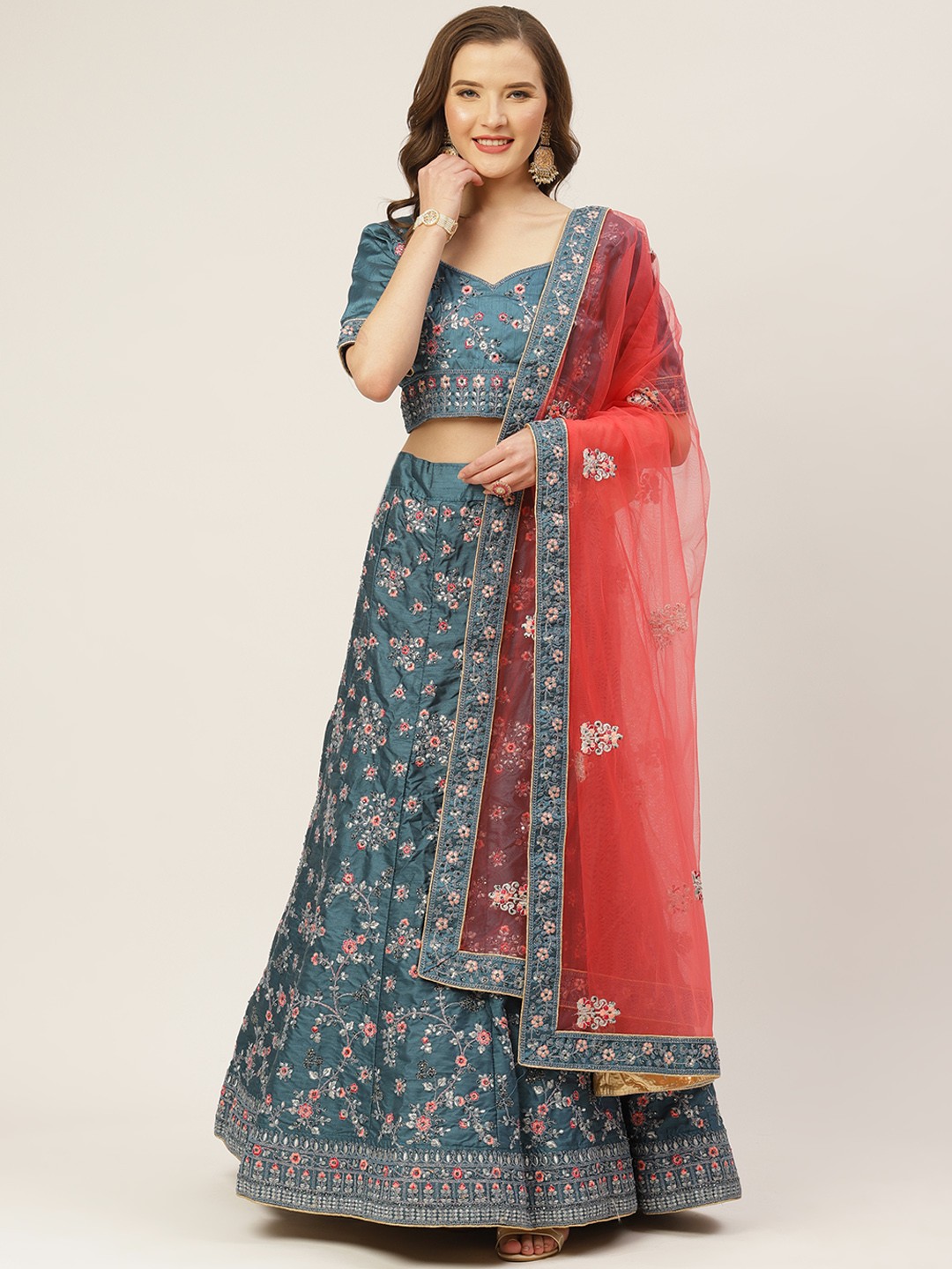 

Shaily Blue & Silver Embroidered Semi-Stitched Lehenga & Unstitched Blouse with Dupatta