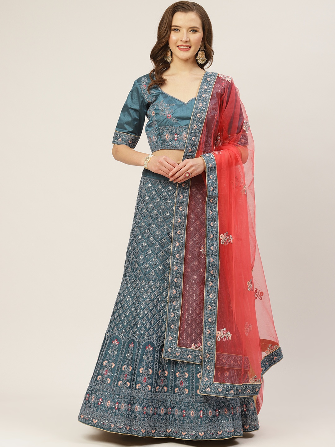 

Shaily Blue & Red Embroidered Semi-Stitched Lehenga & Unstitched Blouse with Dupatta