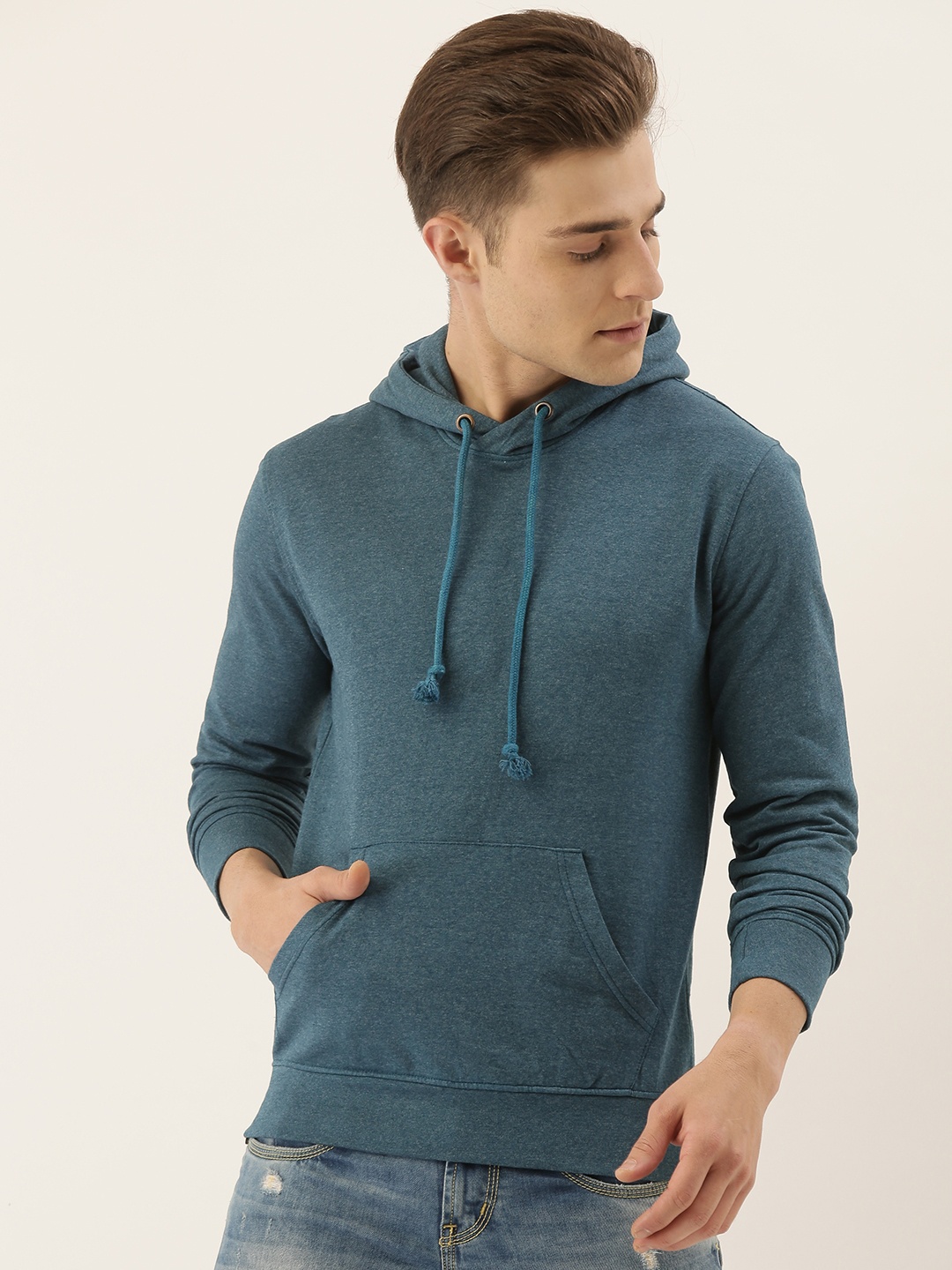 

ARISE Men Teal Blue Solid Hooded Pullover Sweatshirt
