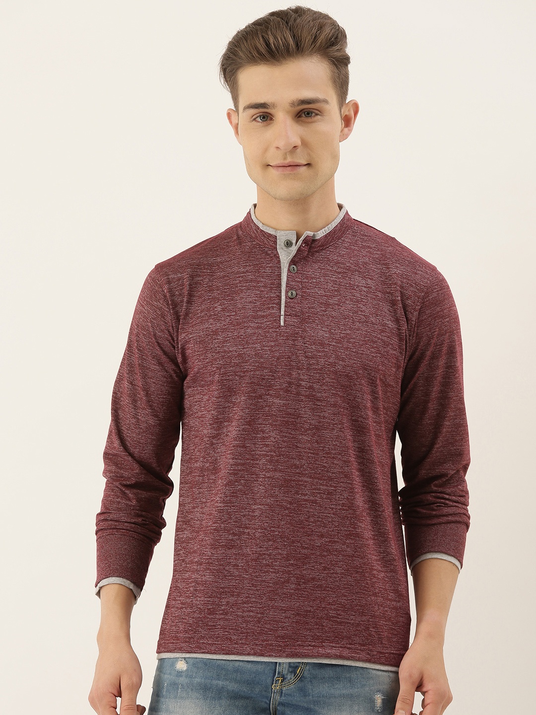

ARISE Men Maroon Solid Henley Neck Pure Cotton T-shirt