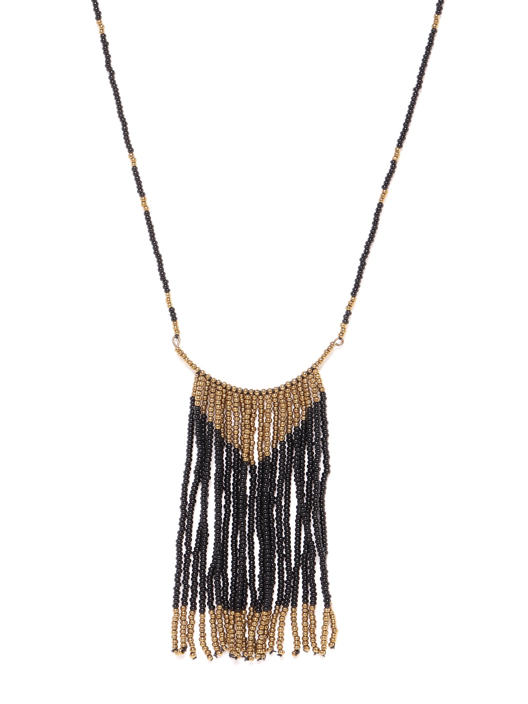 

RICHEERA Black & Gold Beaded Antique Necklace with Fringed Detail