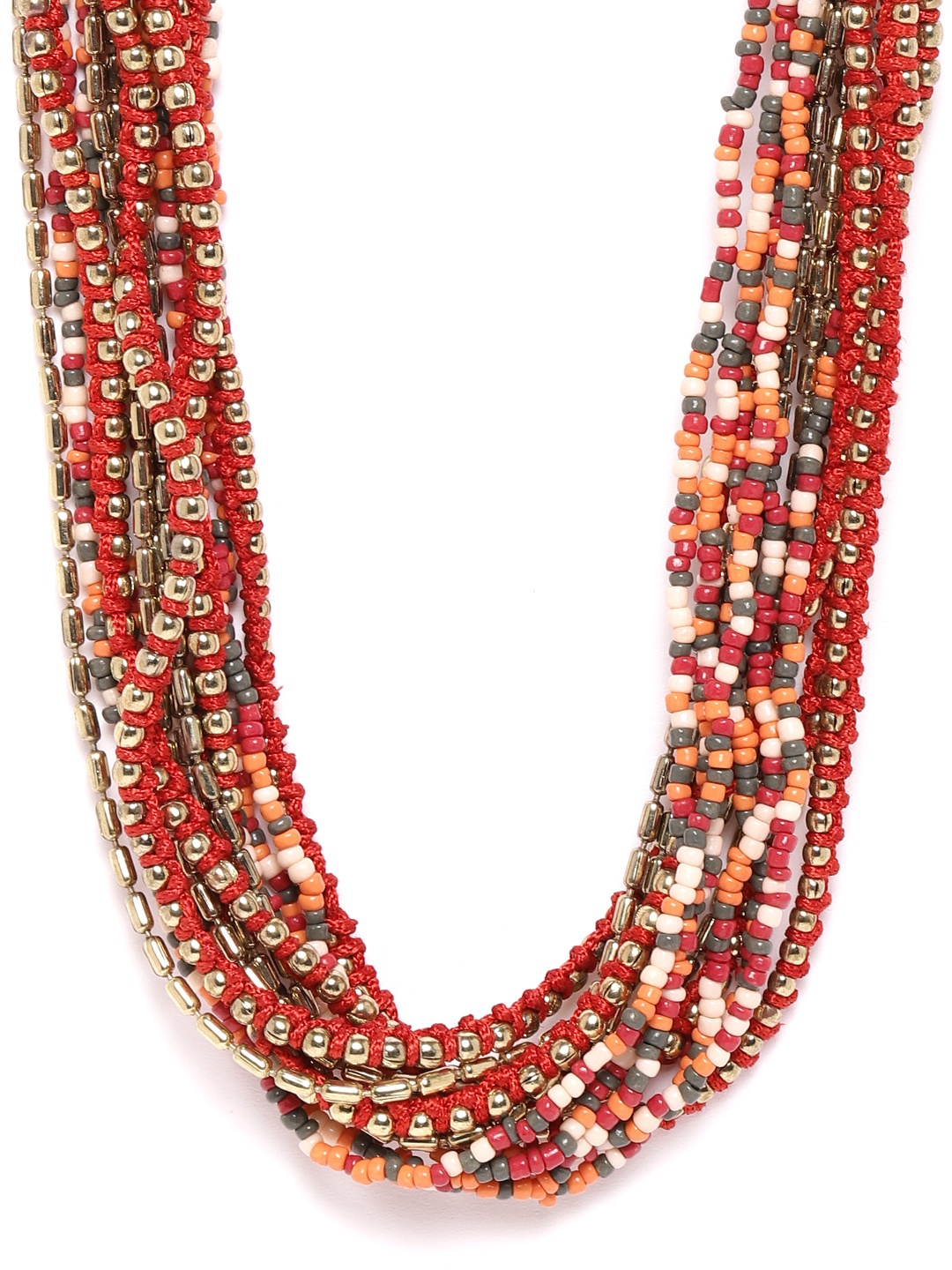 

RICHEERA Red & Orange Gold-Plated Beaded Layered Necklace