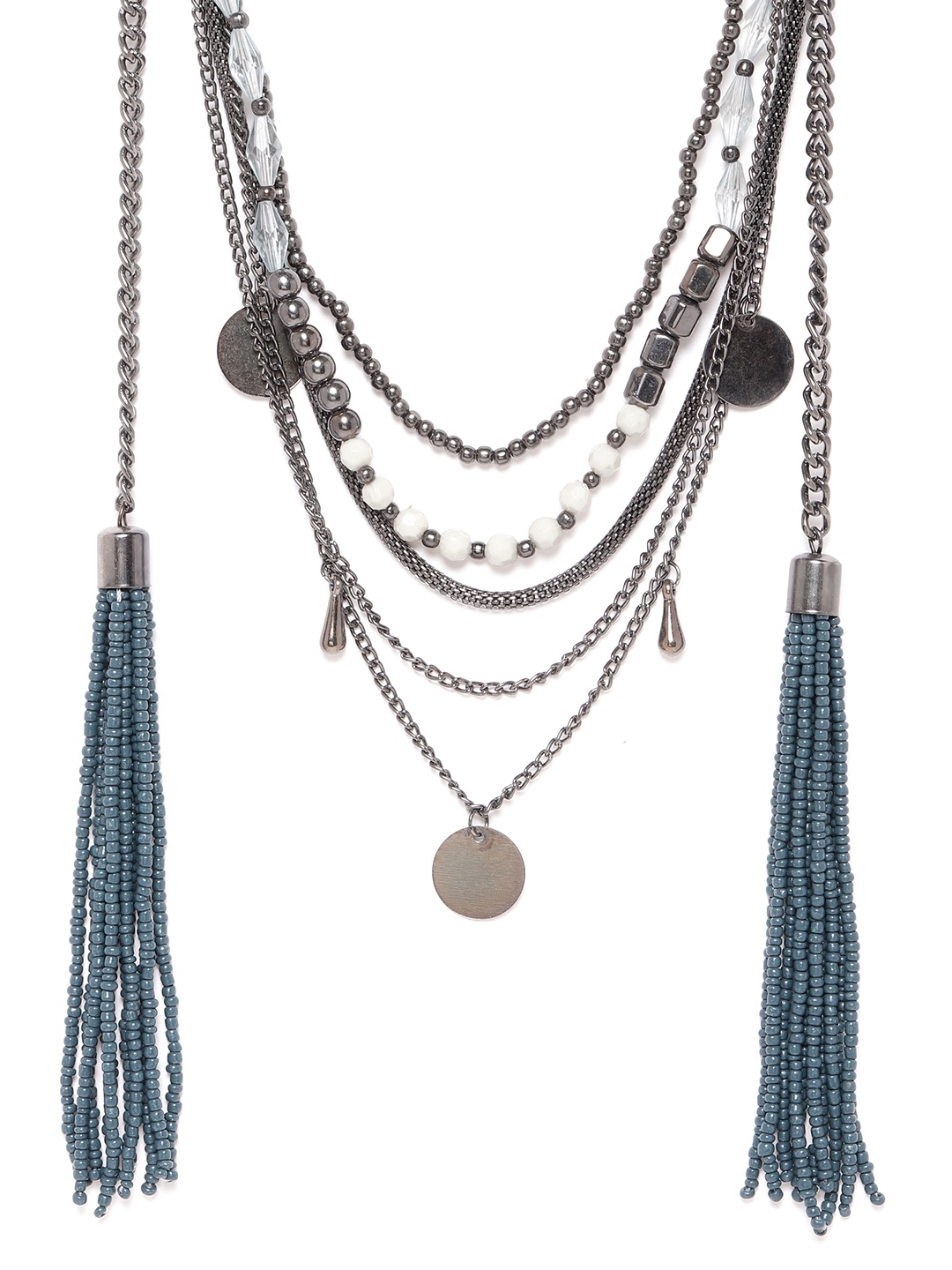 

RICHEERA Women Oxidised Teal Blue & Silver-Toned Beaded Layered & Tasselled Necklace