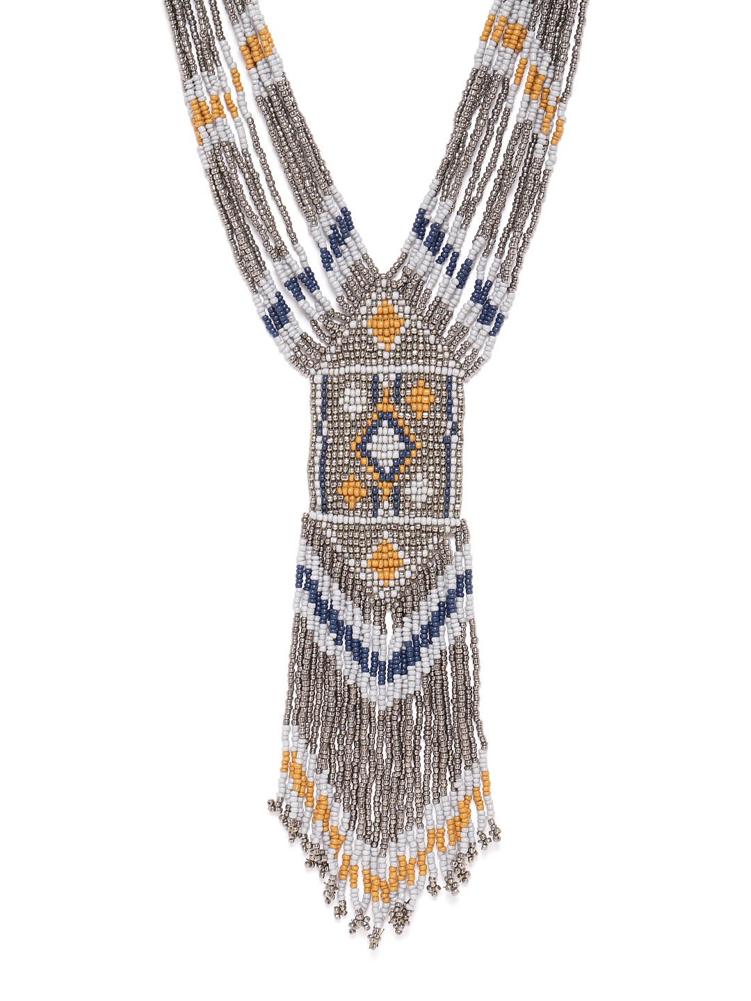 

RICHEERA Women Grey & Blue Silver-Plated Beaded Tasselled Necklace