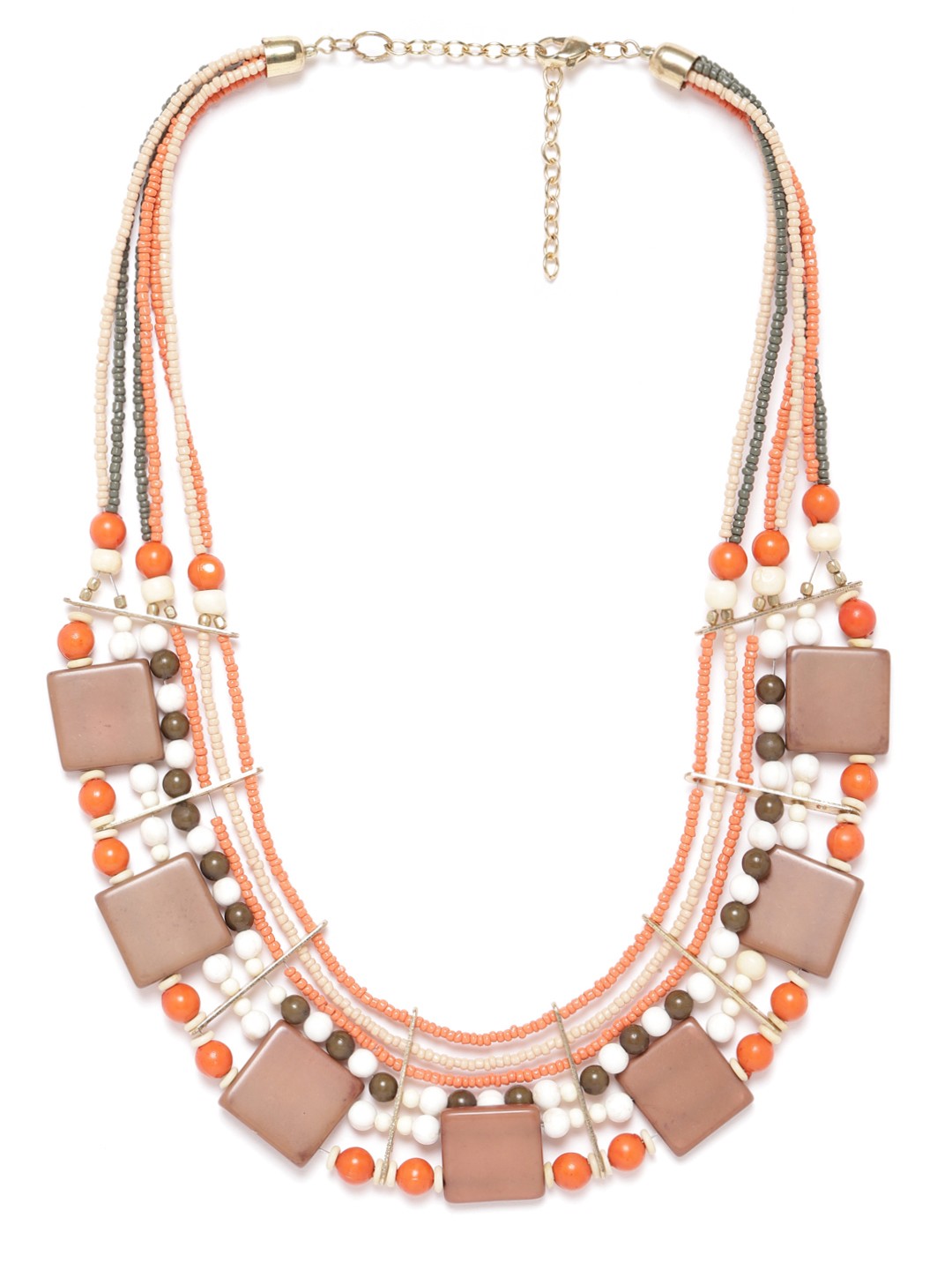

RICHEERA Women Orange & Beige Gold-Plated Beaded Layered Necklace