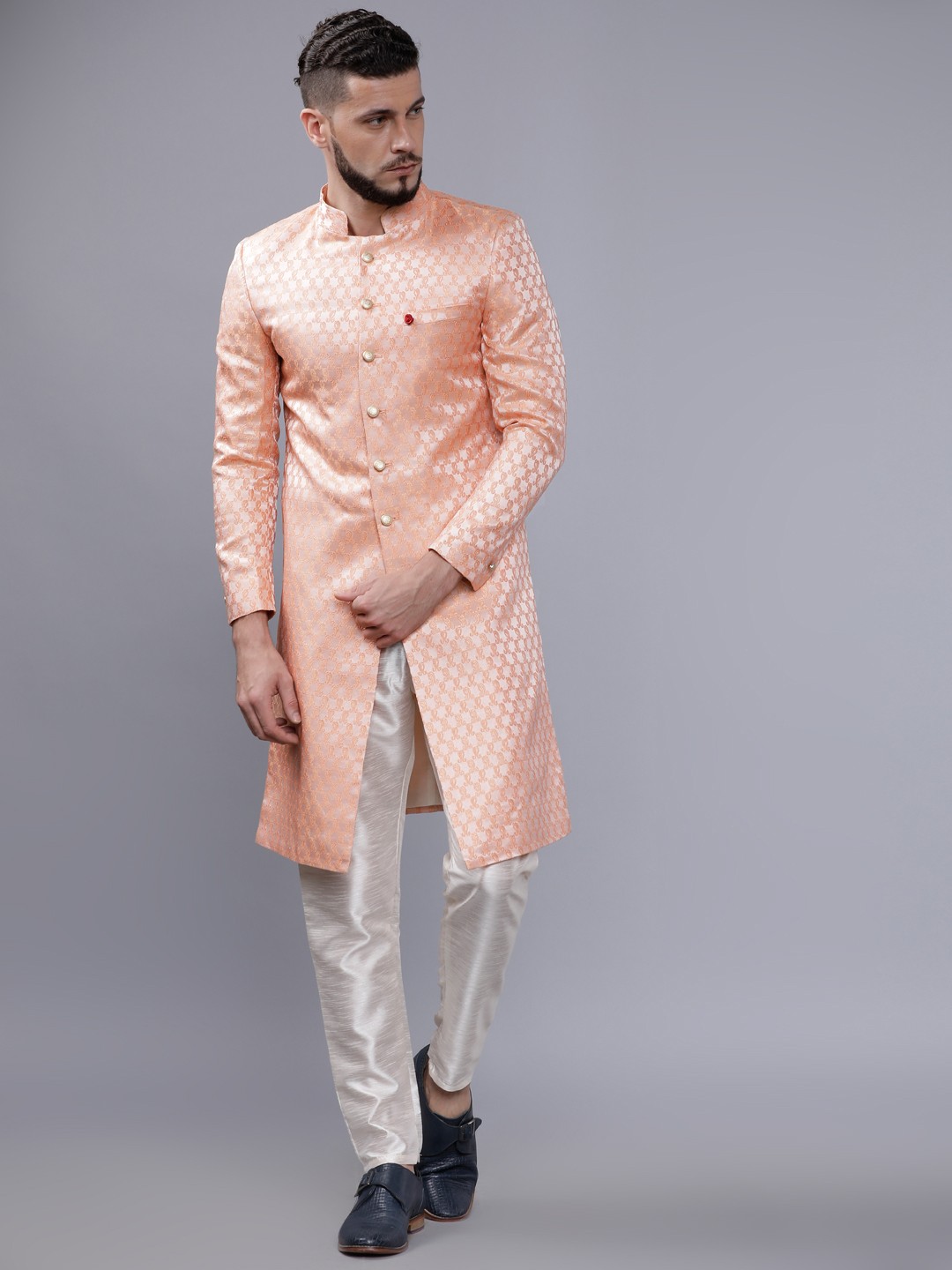 

The Indian Garage Co Men Peach-Coloured Sherwani Set