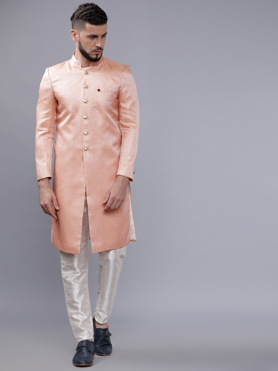 

The Indian Garage Co Men Peach-Coloured & White Sherwani Set