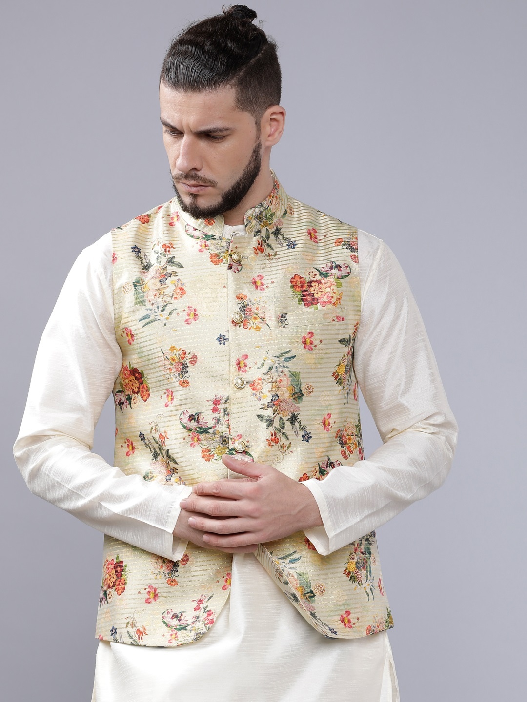 

The Indian Garage Co Men Multicoloured Floral Printed Nehru Jacket, Multi