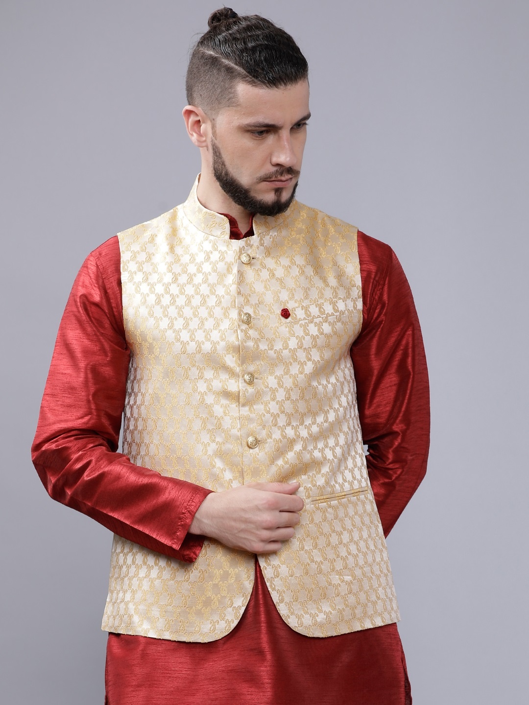 

The Indian Garage Co Men Gold-Coloured Woven Design Nehru Jacket
