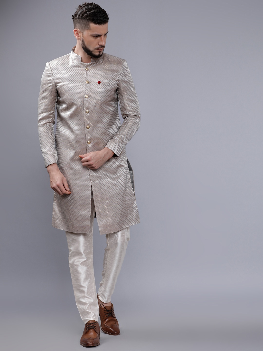 

The Indian Garage Co Men Grey & White Sherwani Set