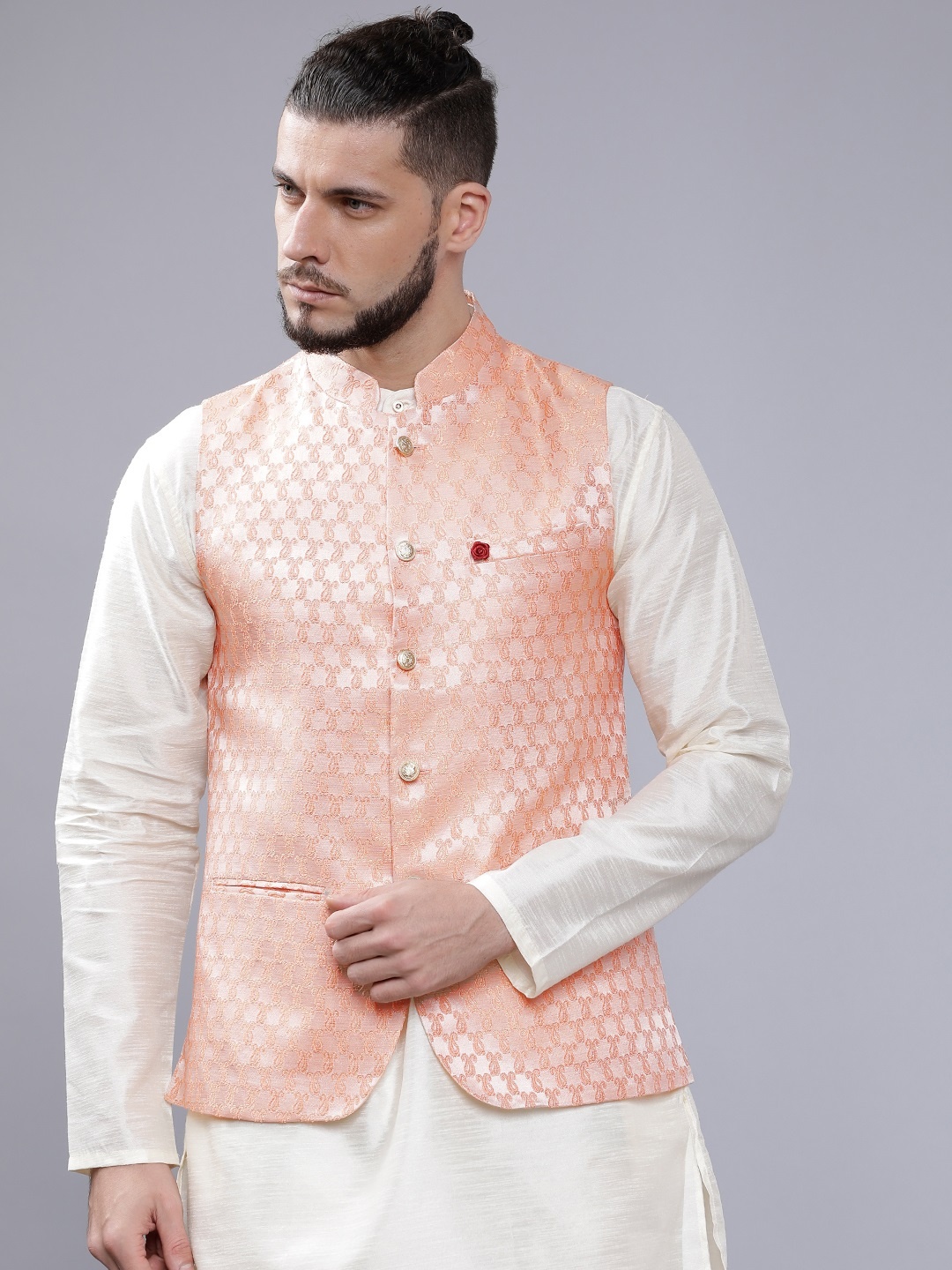 

The Indian Garage Co Men Peach-Coloured Woven Design Nehru Jacket