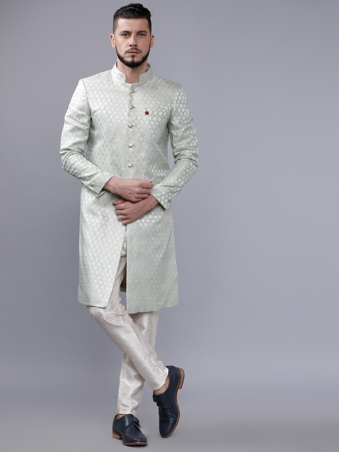 

The Indian Garage Co Men Green & White Sherwani Set