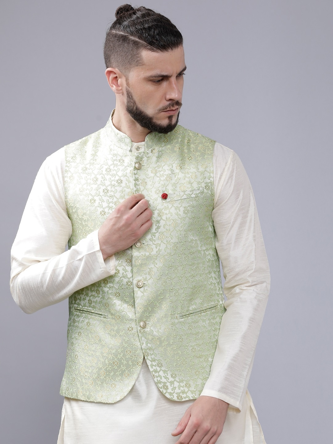 

The Indian Garage Co Men Green Woven Design Nehru Jacket