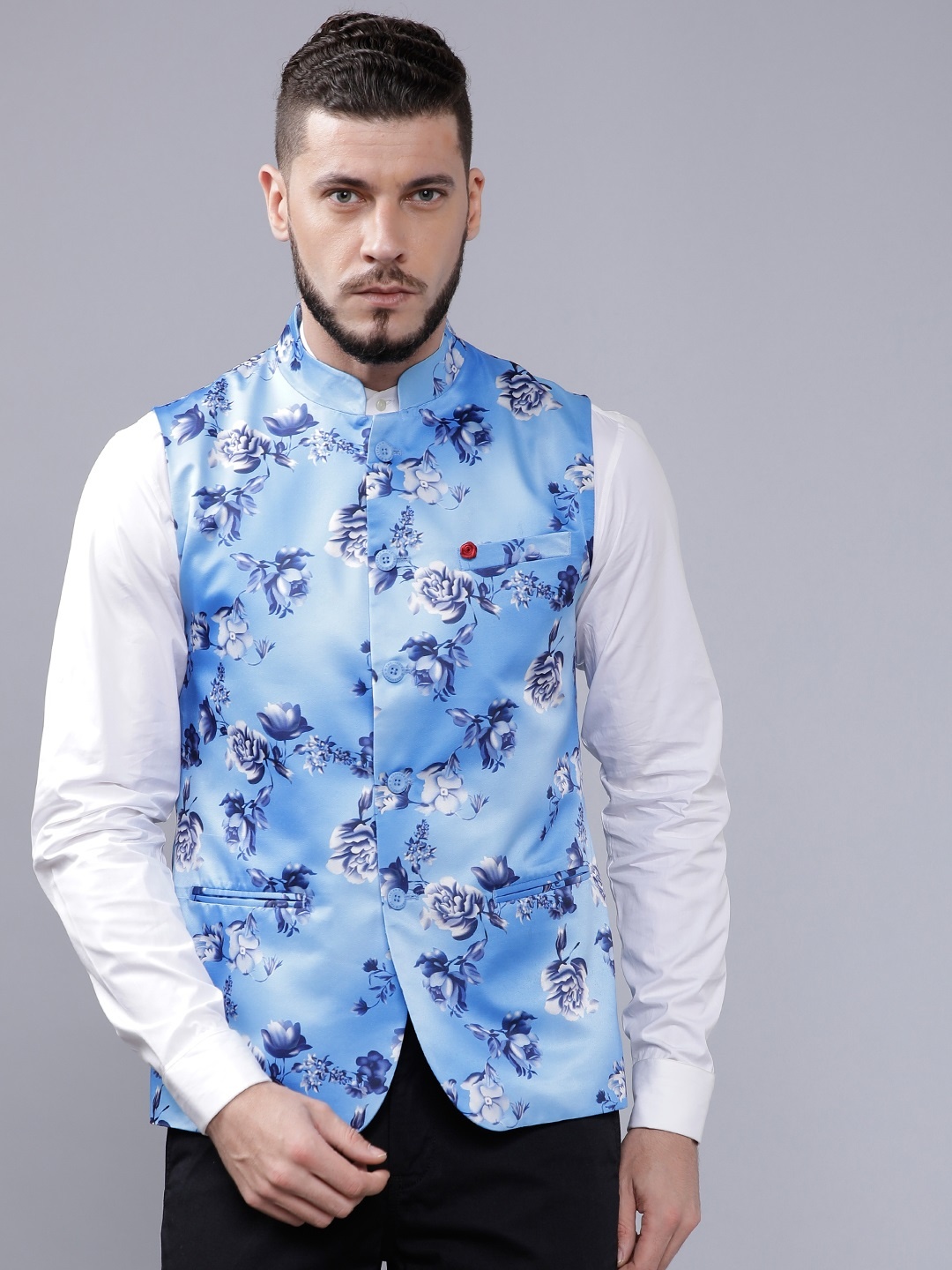 

The Indian Garage Co Men Blue Floral Printed Nehru Jacket