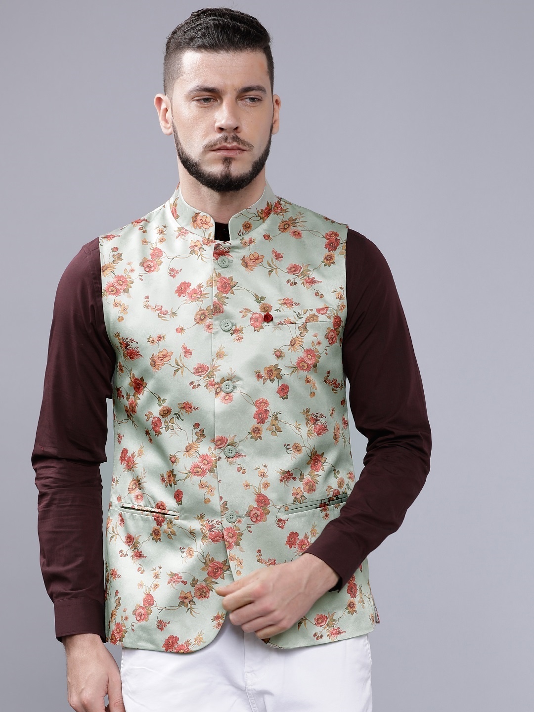 

The Indian Garage Co Men Green & Brown Floral Printed Nehru Jacket