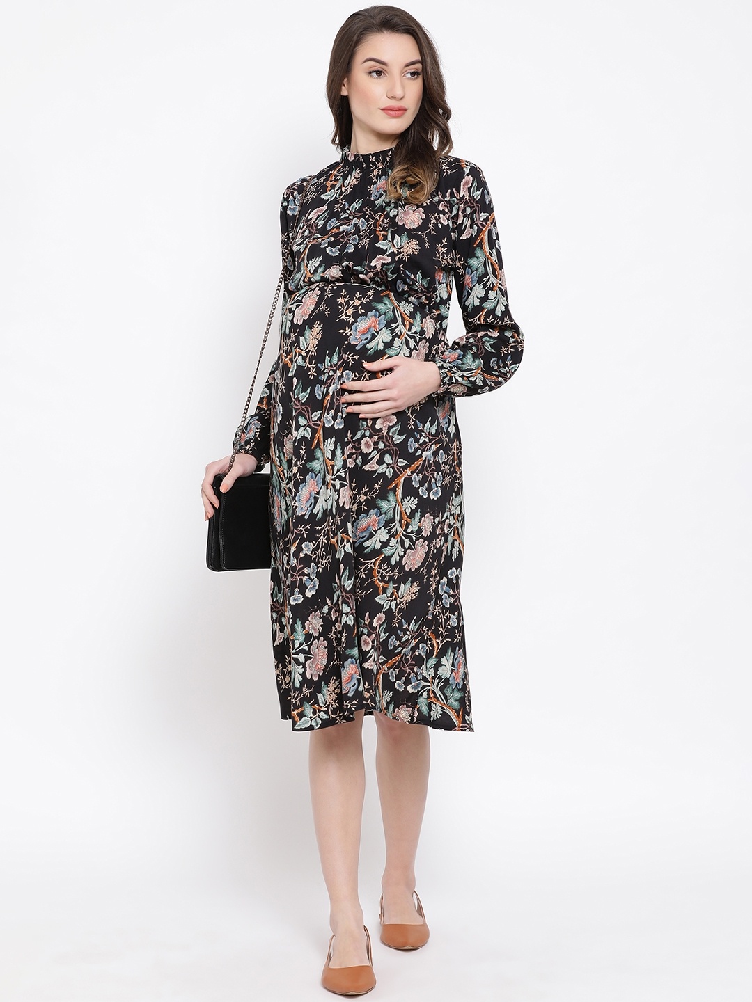 

Oxolloxo Women Black Floral Printed A-Line Maternity Dress