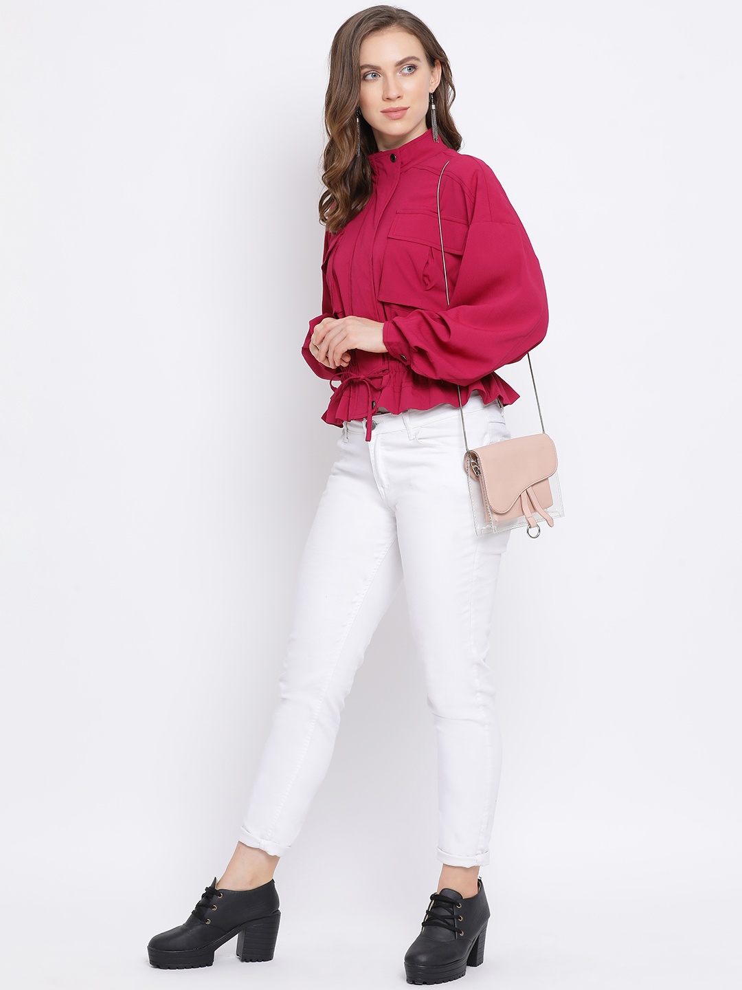 

Oxolloxo Women Fuchsia Pink Solid Tailored Jacket