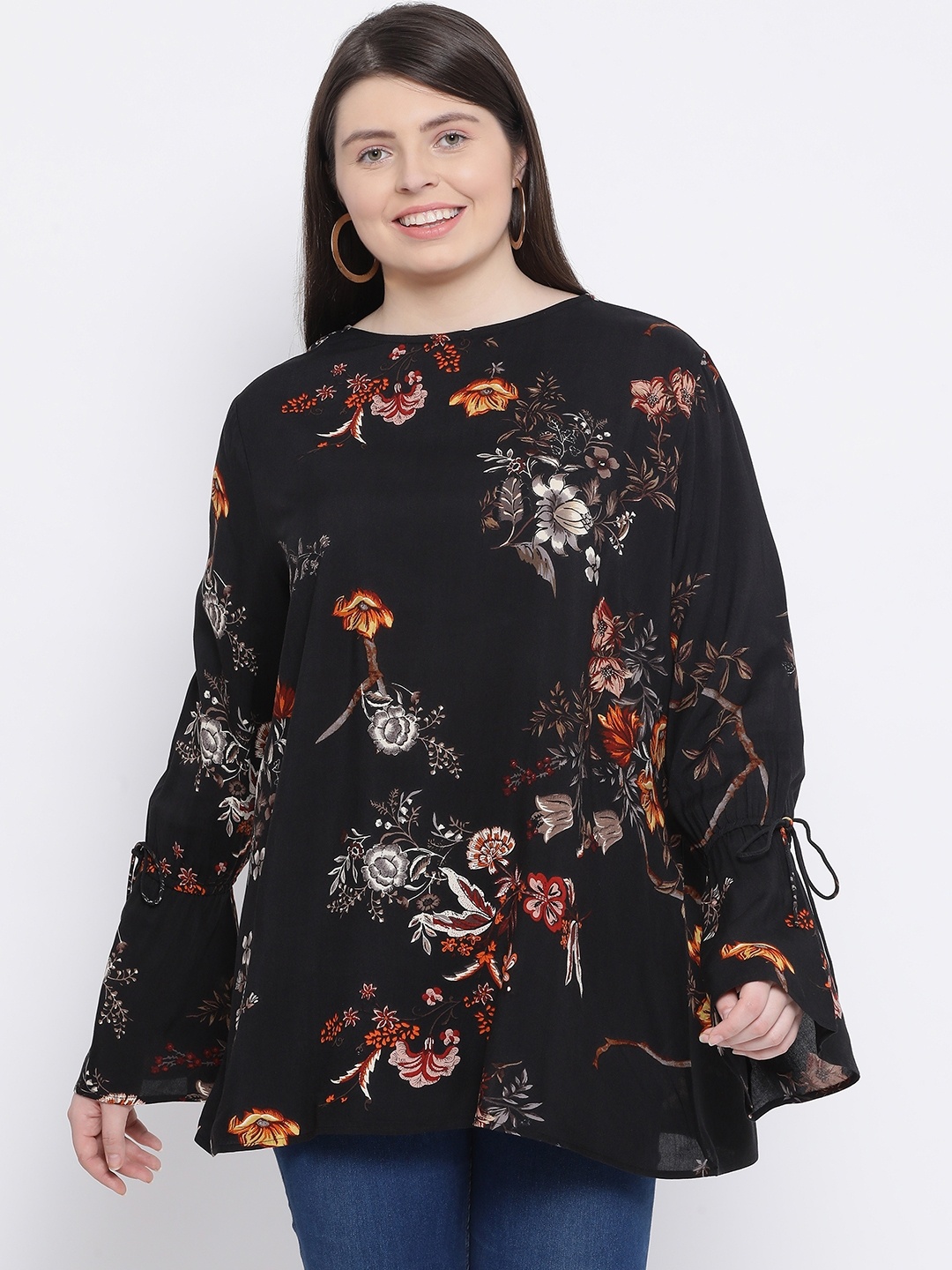 

Oxolloxo Women Black Printed Longline A-Line Top