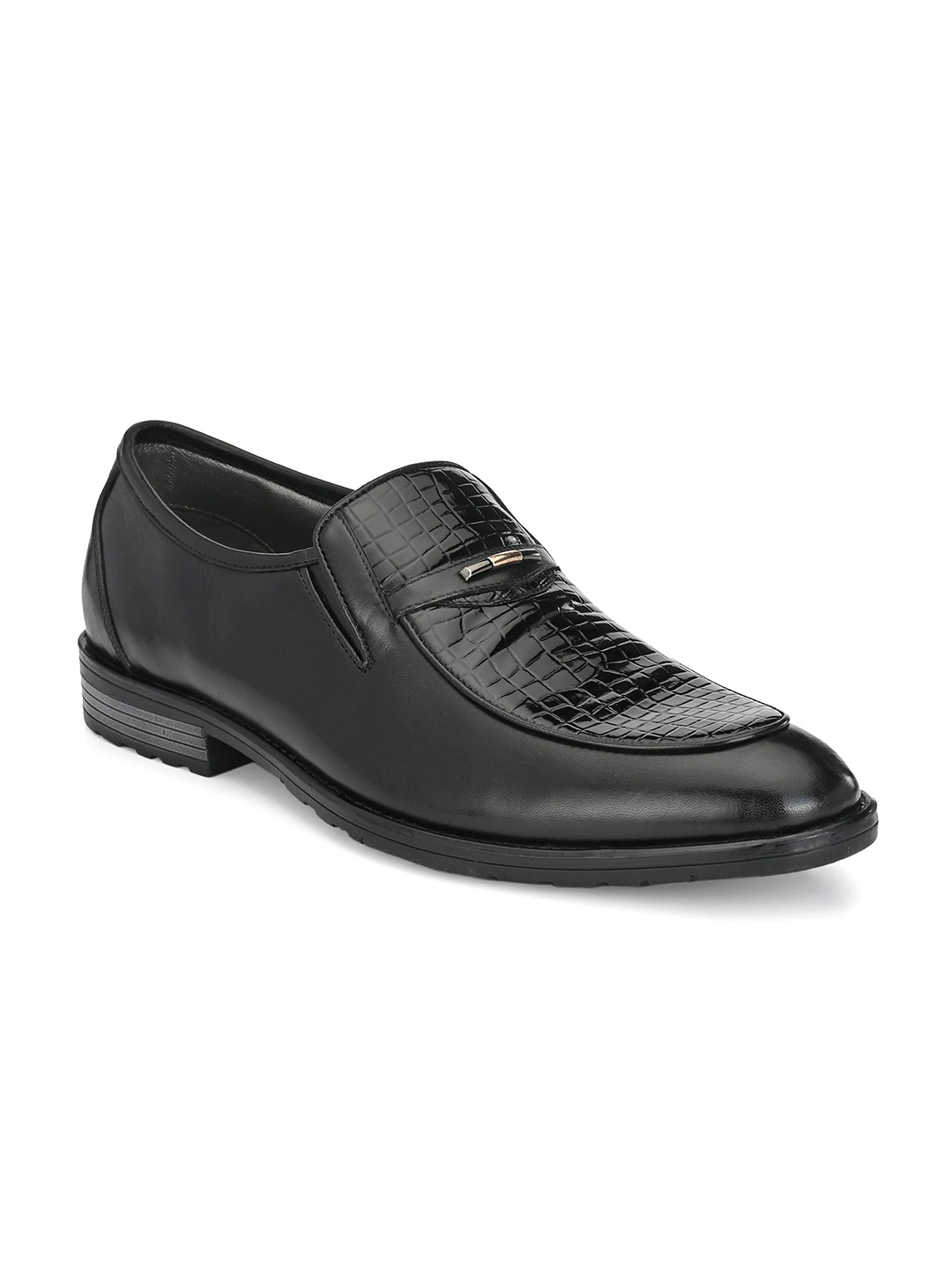 

Hitz Men Black Textured Leather Formal Slip-Ons